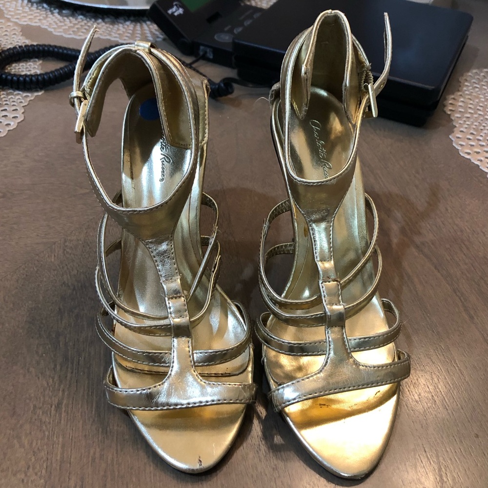 Vintage Y2K Charlotte Russe Gold Strap Platform Stiletto Pumps Cocktail Heels